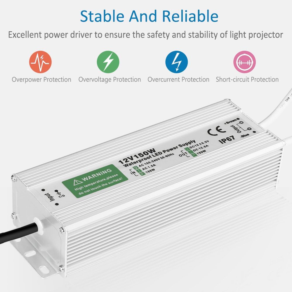 5 Pack Waterproof IP67 LED Power Supply Driver Transformer 300W 110V AC to 12V DC Low Voltage Output with 3-Prong Plug 3.3 Feet Cable Y147922