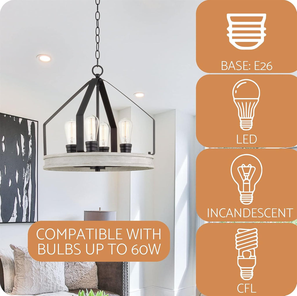 White Birch Wood Style Black Finish 4-Light Farmhouse Pendant Light T8478