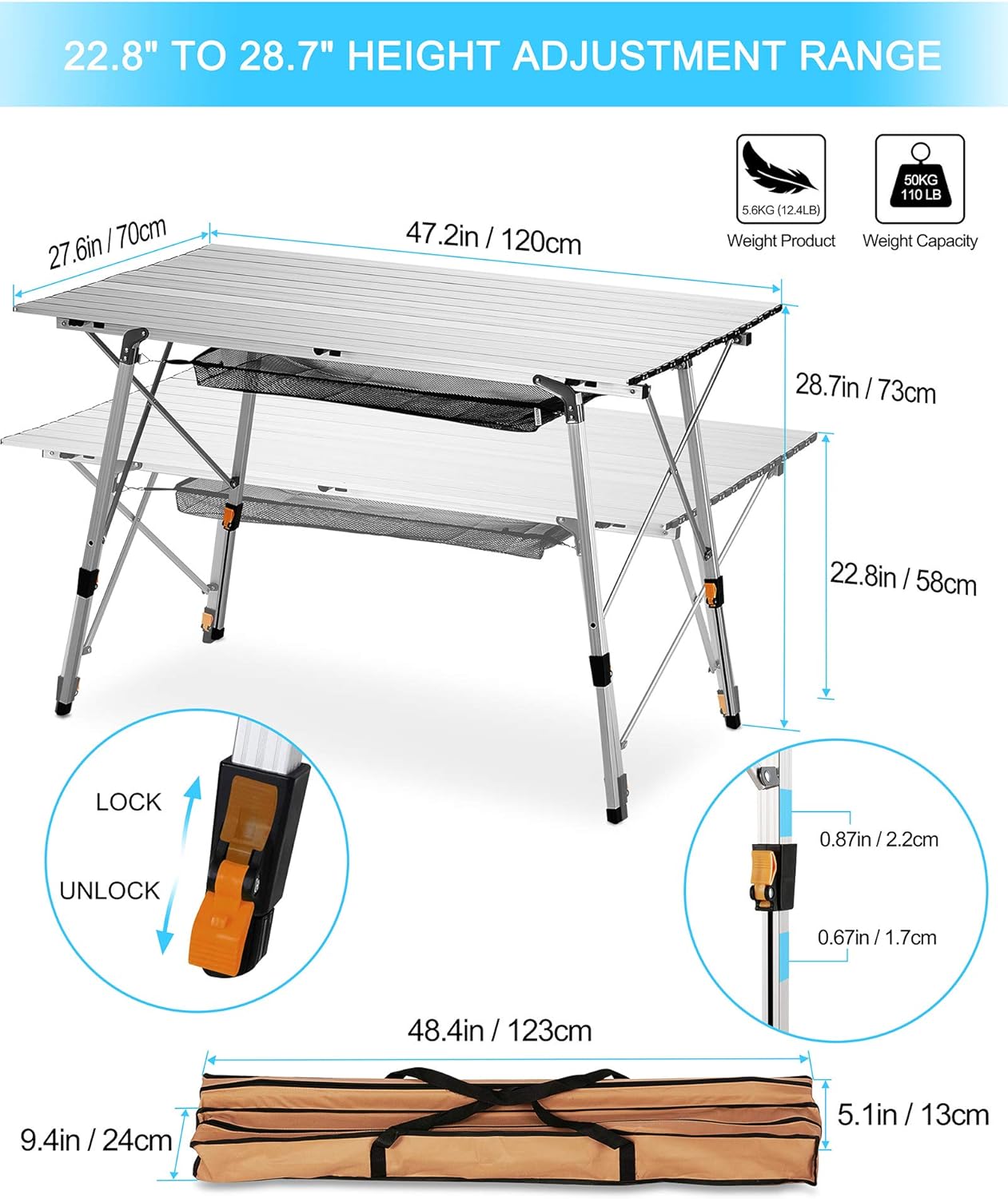 Folding Camping Table with Aluminum Legs Adjustable Height Roll Up Table with Mesh Layer U126