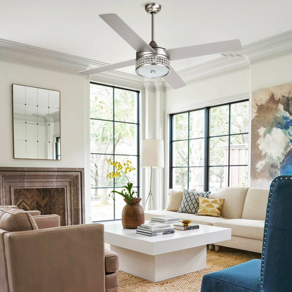 52-Inch Satin Nickel 4-Blades Ceiling Fan with Crystal Shade L716742