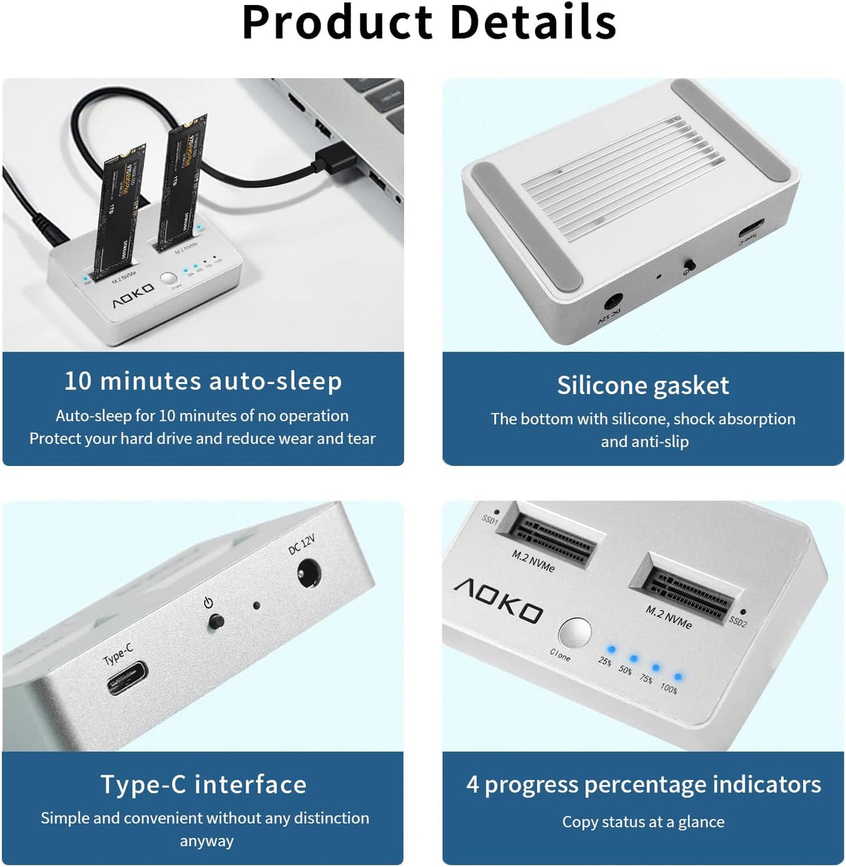 NVMe Dual-Bay Docking Station Clone Duplicator, USB C 3.2 Vertical External M.2 NVMe SSD Enclosure M32196