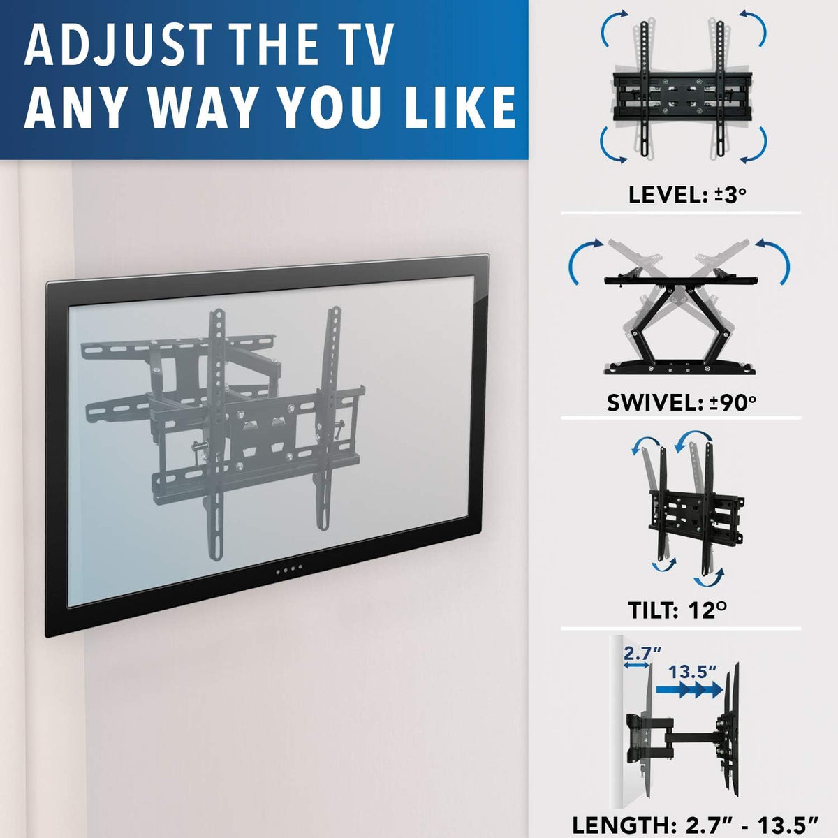 Articulating TV Wall Mount Corner Bracket, VESA 400 x 400, Dual Arm Full Motion, 115 Lbs Capacity, Black, Pack of 2 L66283