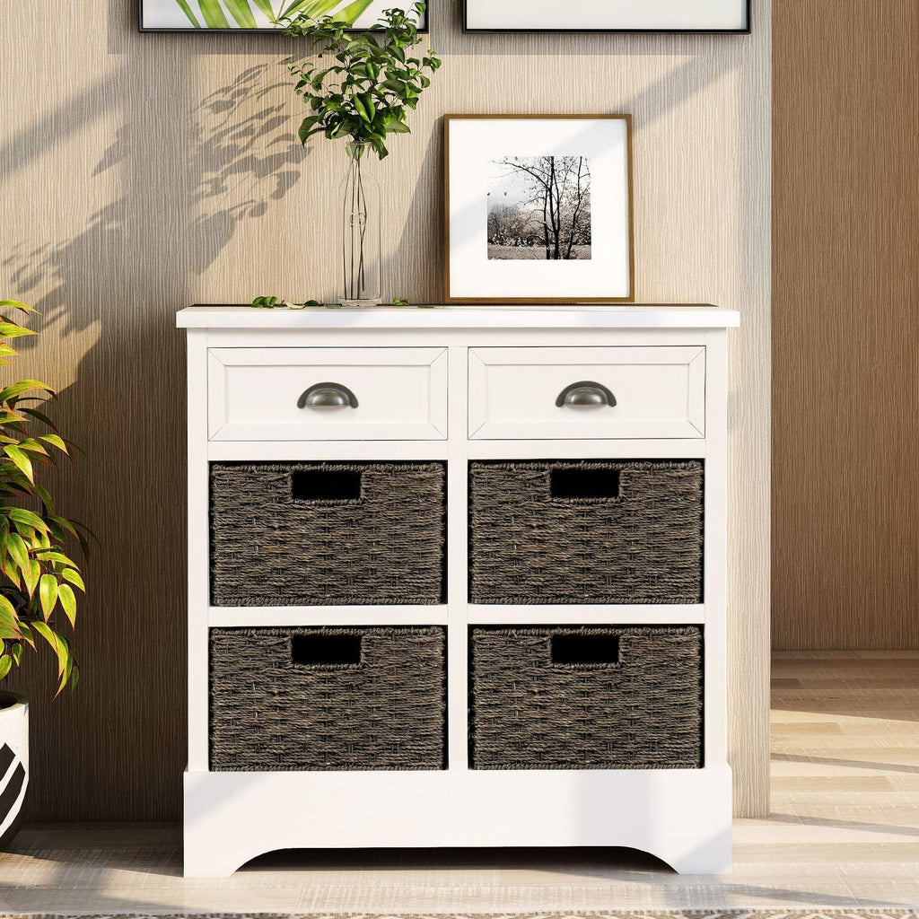 Wicker Storage Cabinet Console Table with Two Drawers and Four Wicker Baskets (Espresso) B1692