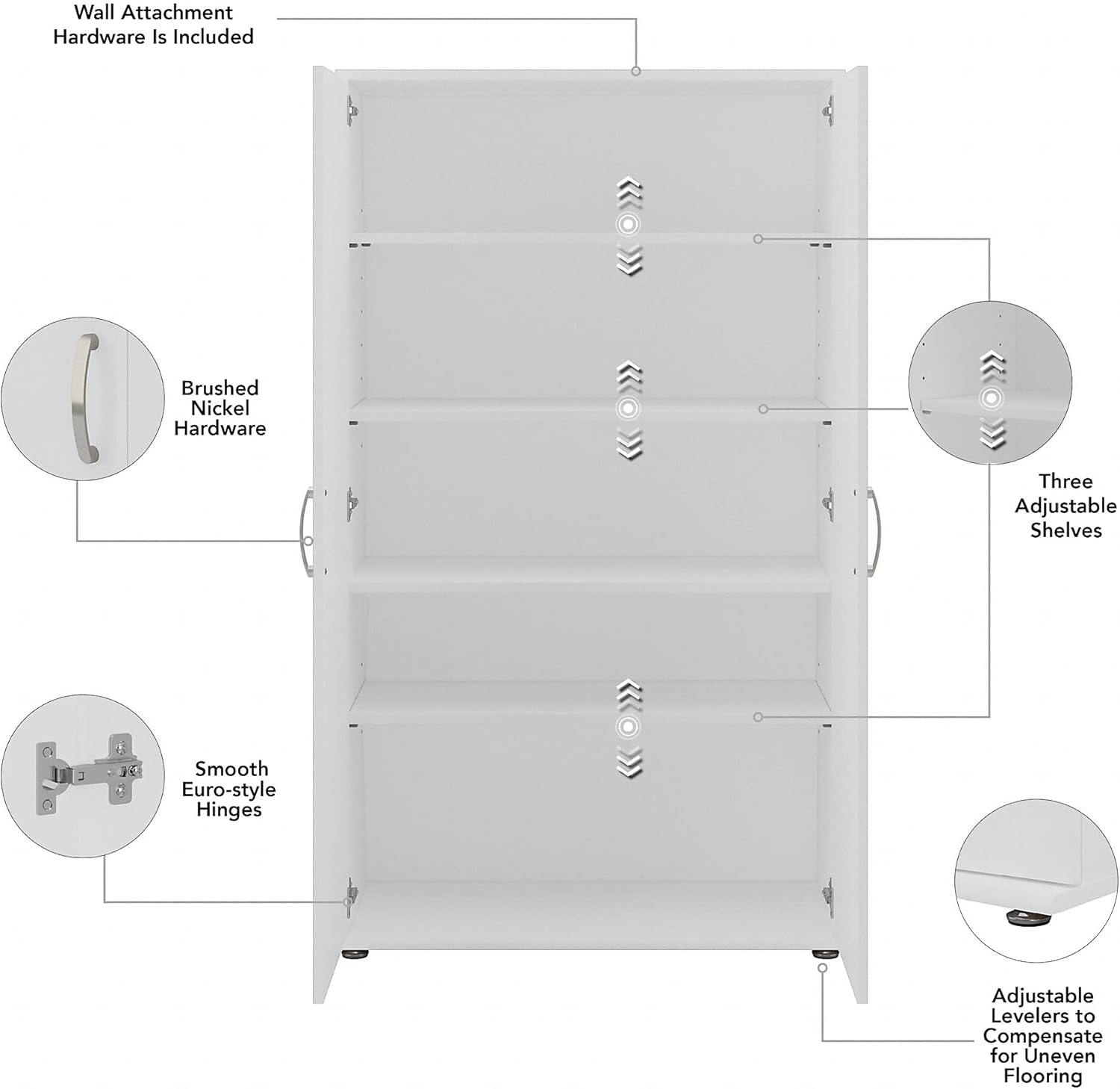 White Tall Storage Cabinet with Doors and Shelves J155543