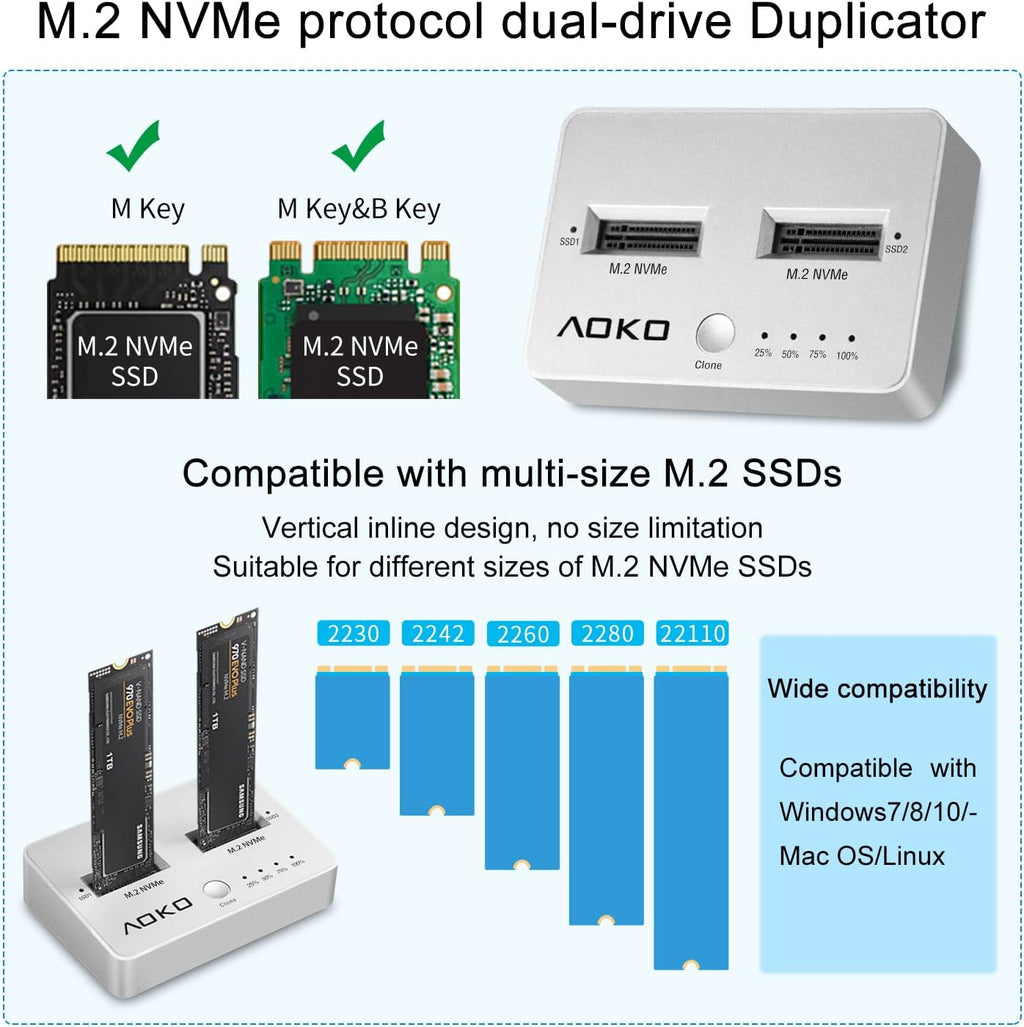 NVMe Dual-Bay Docking Station Clone Duplicator, USB C 3.2 Vertical External M.2 NVMe SSD Enclosure M32196
