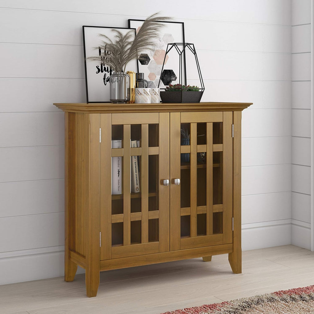 Solid Wood 32 inch Wide Low Storage Media Cabinet in Natural Aged Brown with 2 Tempered Glass Doors and 2 Adjustable Shelves F502675