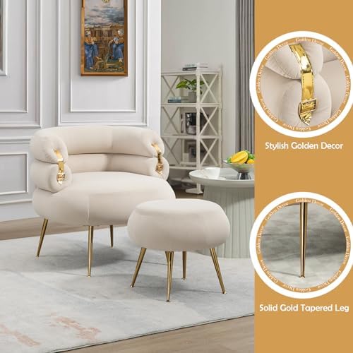 Beige Velvet Accent Chair with Ottoman M100859