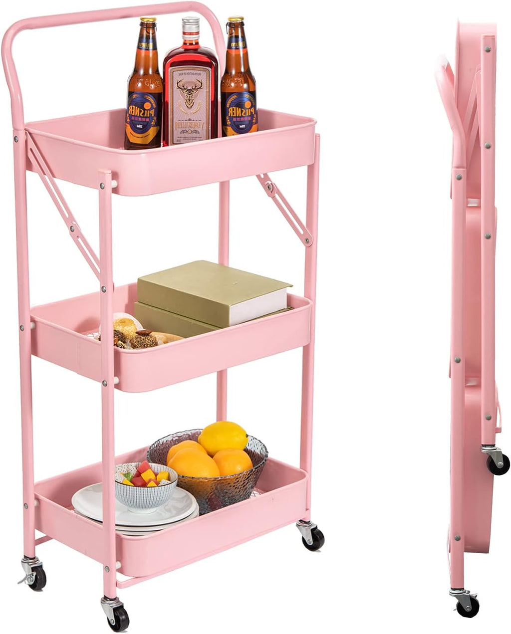 Pink 3 Tier Rolling Storage Cart with Wheels M7456