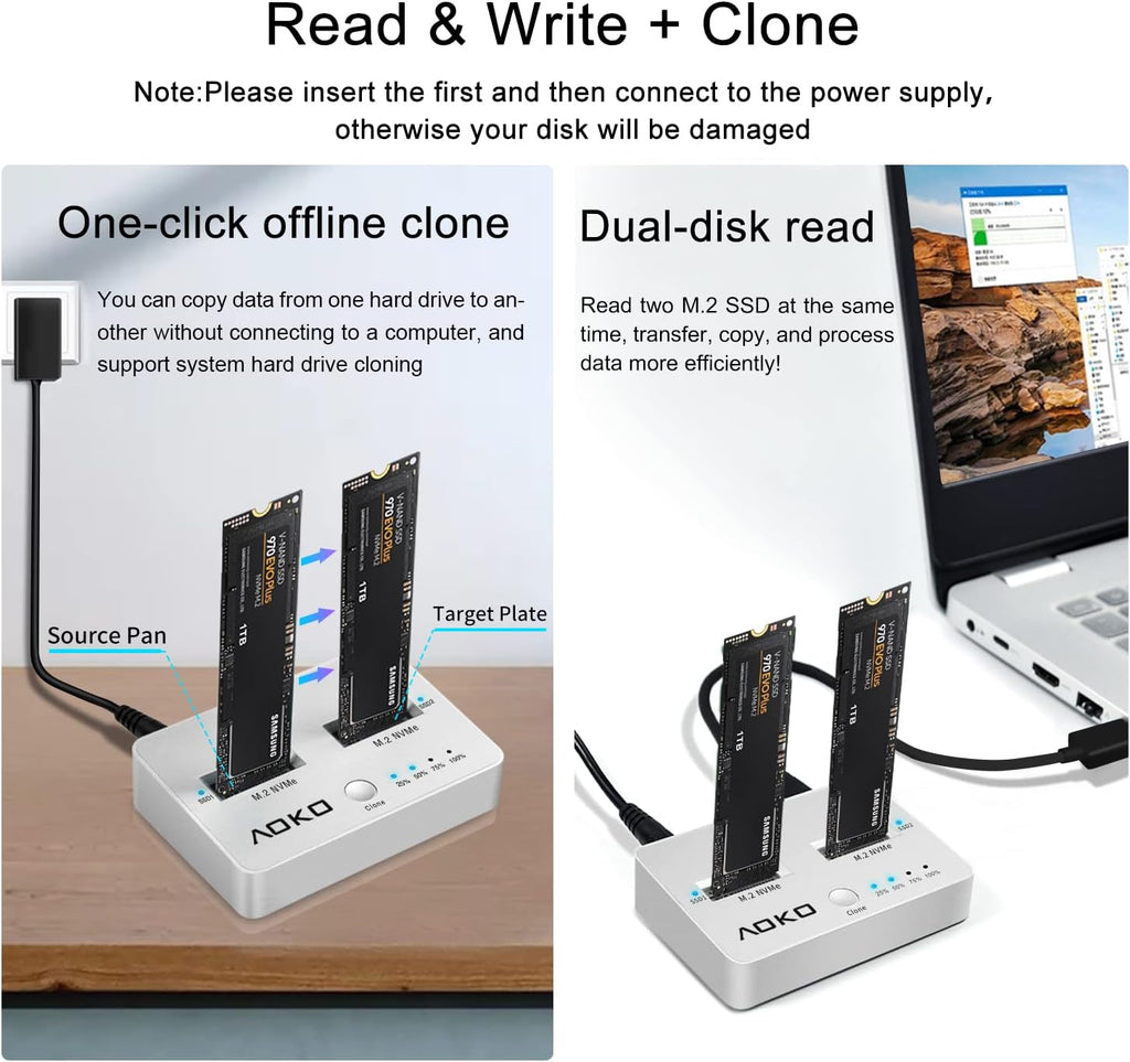 NVMe Dual-Bay Docking Station Clone Duplicator, USB C 3.2 Vertical External M.2 NVMe SSD Enclosure M32196