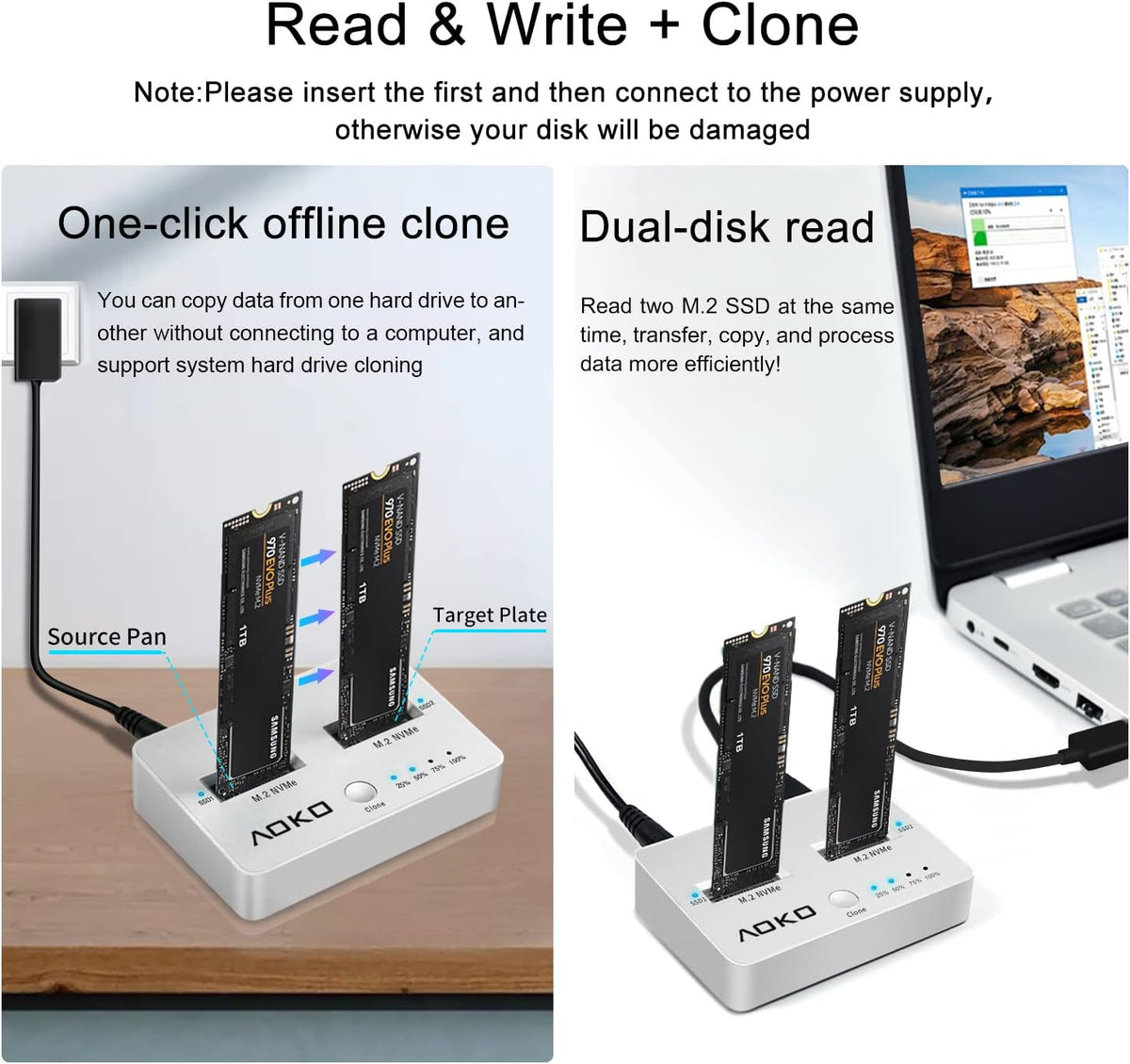NVMe Dual-Bay Docking Station Clone Duplicator, USB C 3.2 Vertical External M.2 NVMe SSD Enclosure M32196