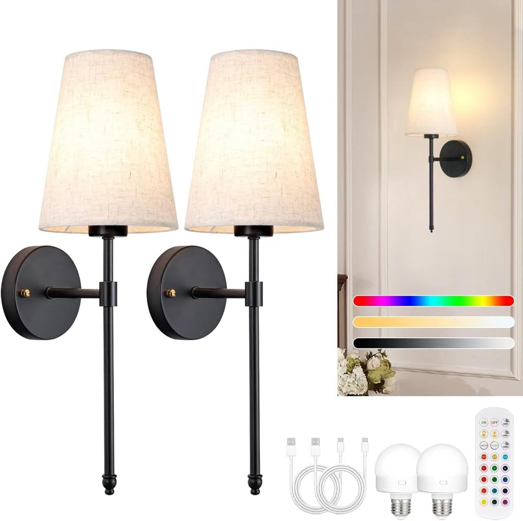 Set Of Two 2 Battery Operated Wireless Black Dimmable Wall Sconce F97799