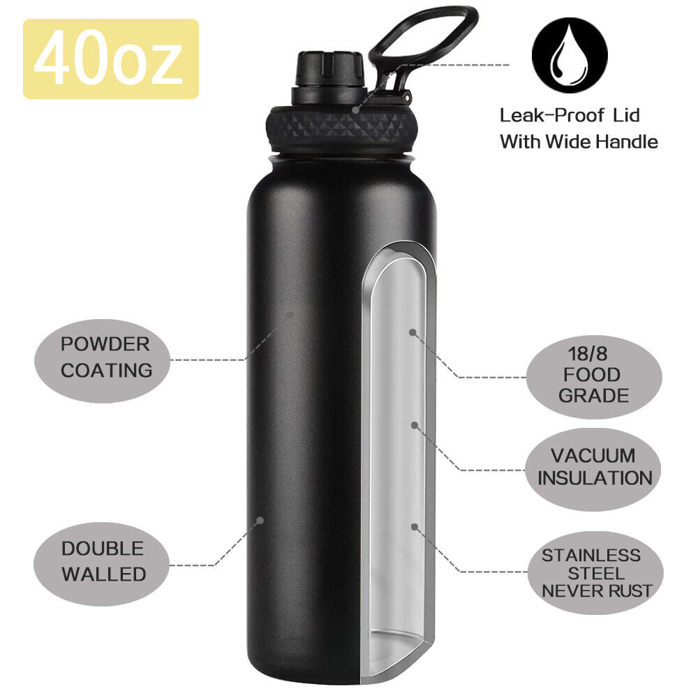 Black 40oz Stainless Steel Wide Mouth Water Bottle I7370