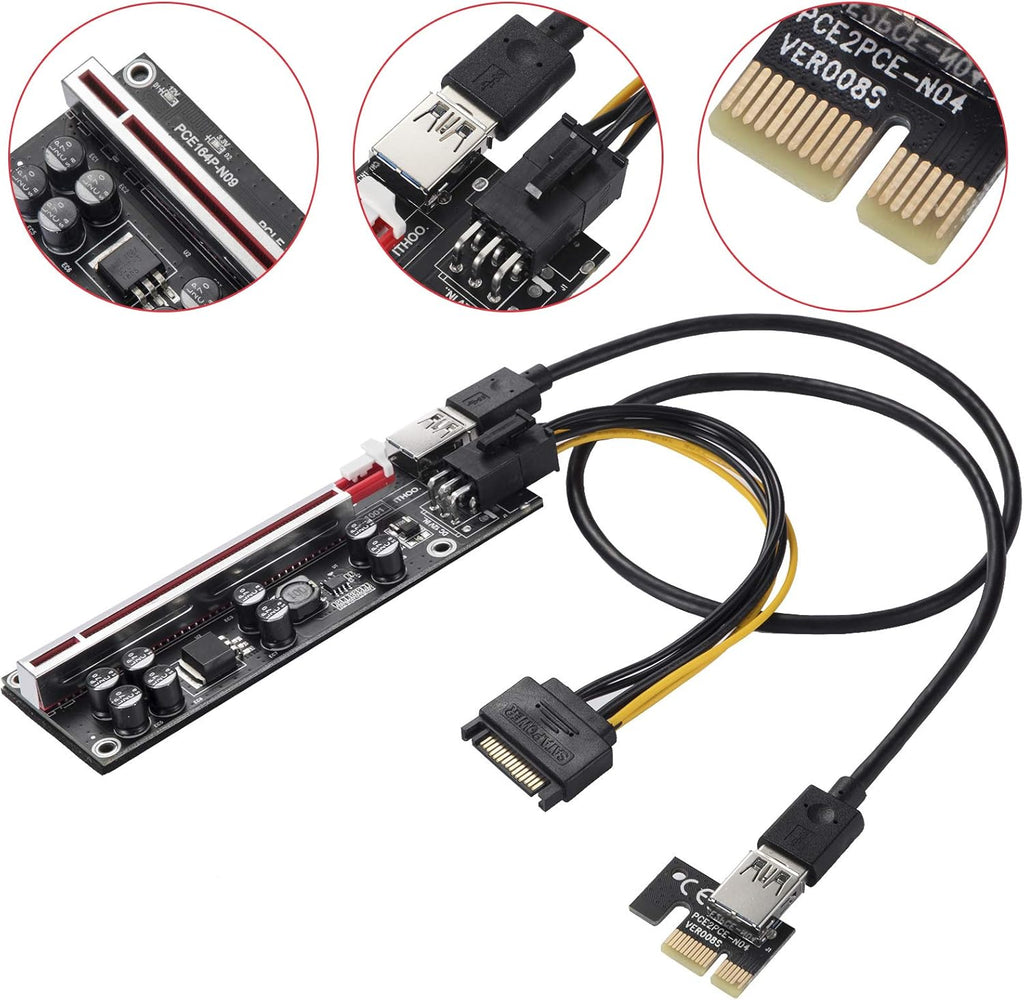 PCI-E 1X to 16X Riser Card with 24in USB 3.0 Extension Cable & 6PIN SATA Power Cable (Black-6 Pieces) F15983