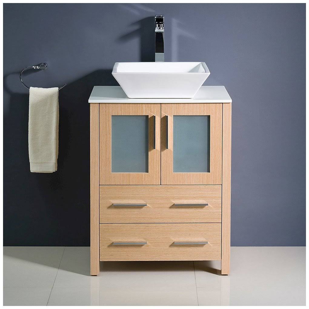 Light Oak Bathroom Cabinet with Top and Vessel Sink D502