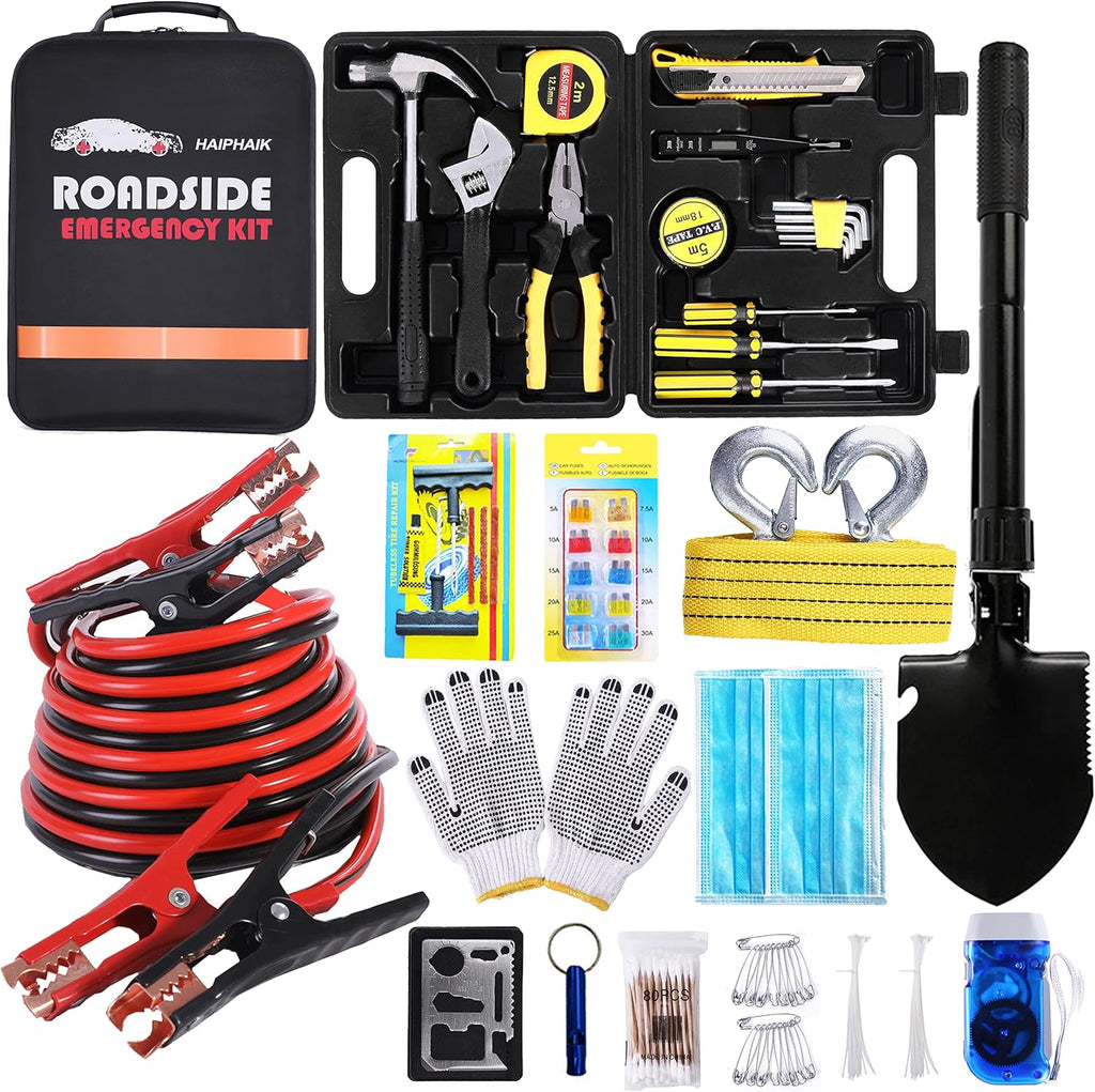 124 Pcs Emergency Car Kit with Tow Strap and Folding Survival Shovel L12497