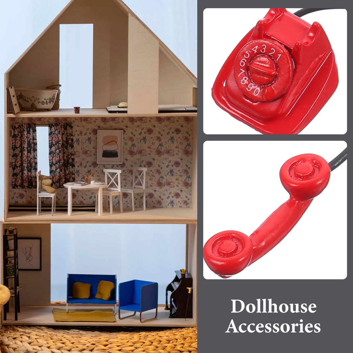 Red Metal Toy Telephone Doll House Decoration X4531