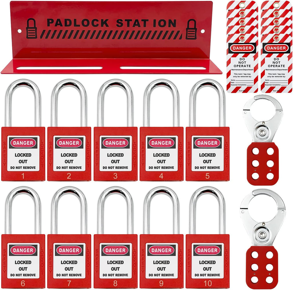 14 Key Padlocks with Numbers, 4 Lockout Hasps, 40 Lockout Tags, 20 Nylon Cable Lockout Tagout Station T32773