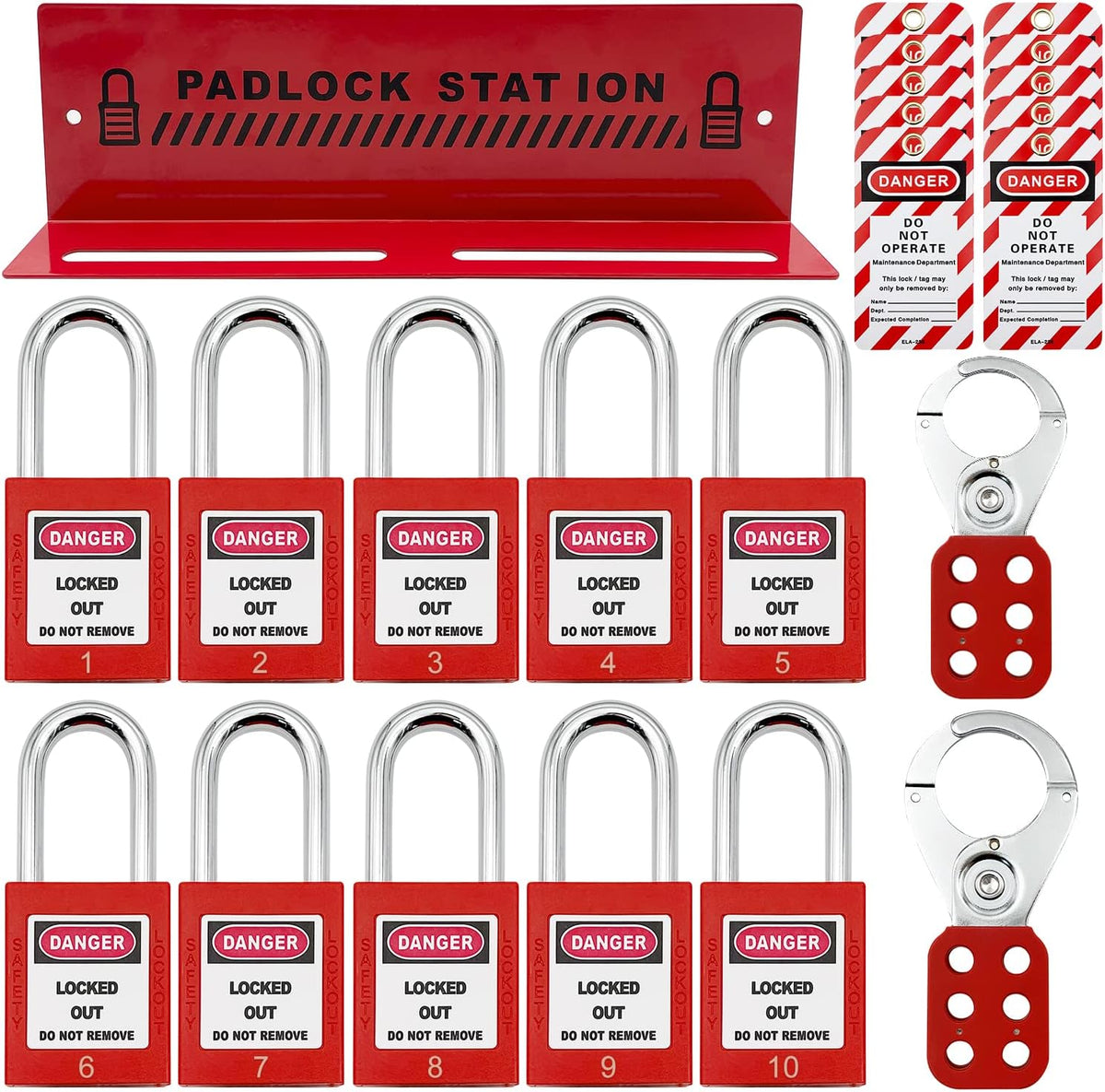 14 Key Padlocks with Numbers, 4 Lockout Hasps, 40 Lockout Tags, 20 Nylon Cable Lockout Tagout Station T32773