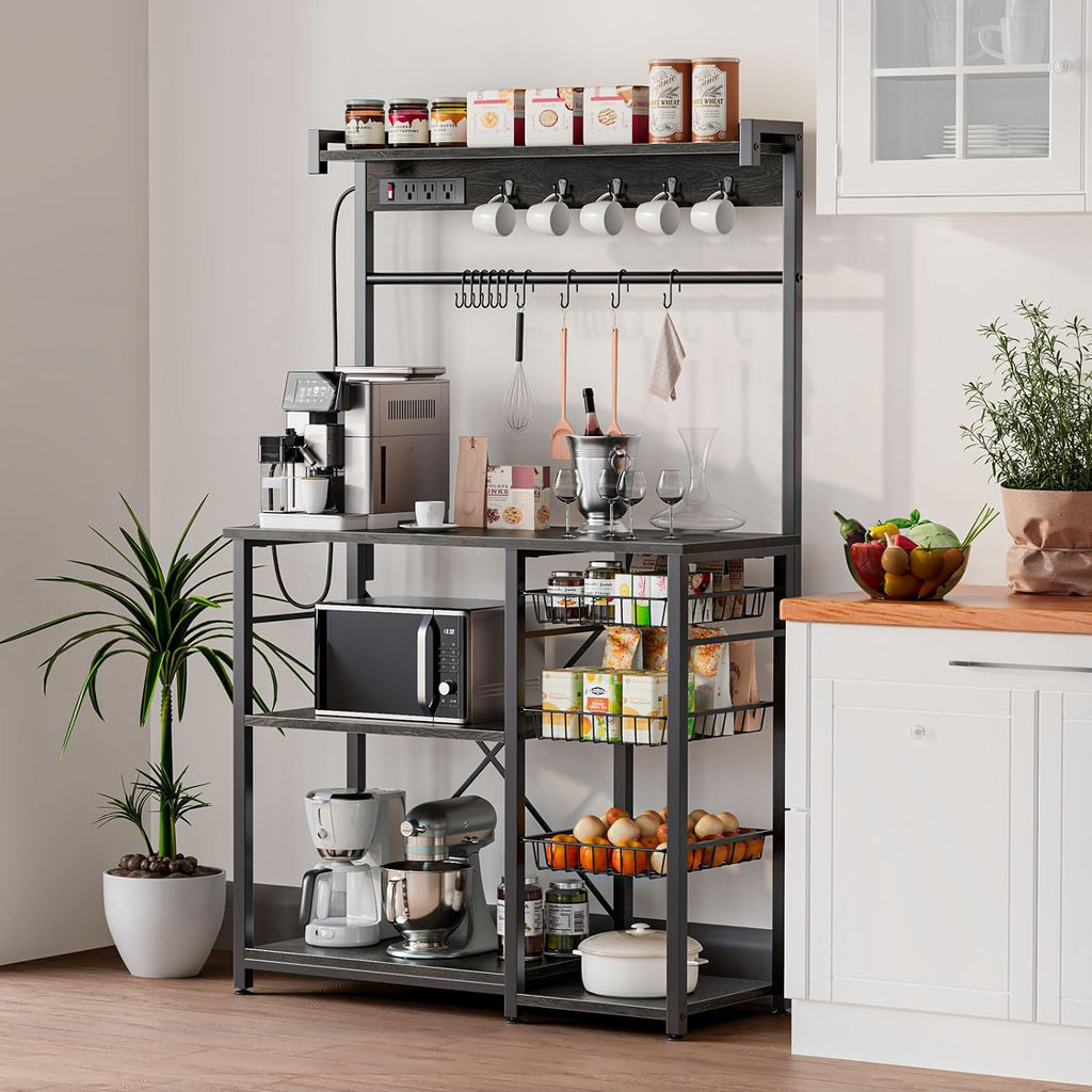 Large Bakers Rack with Power Outlets, 15 Hooks, 3 Wire Basket, Microwave Stand Kitchen Storage Shelf, 38.8 x 16.3 x 62.2 Inches, Rustic Brown F5378