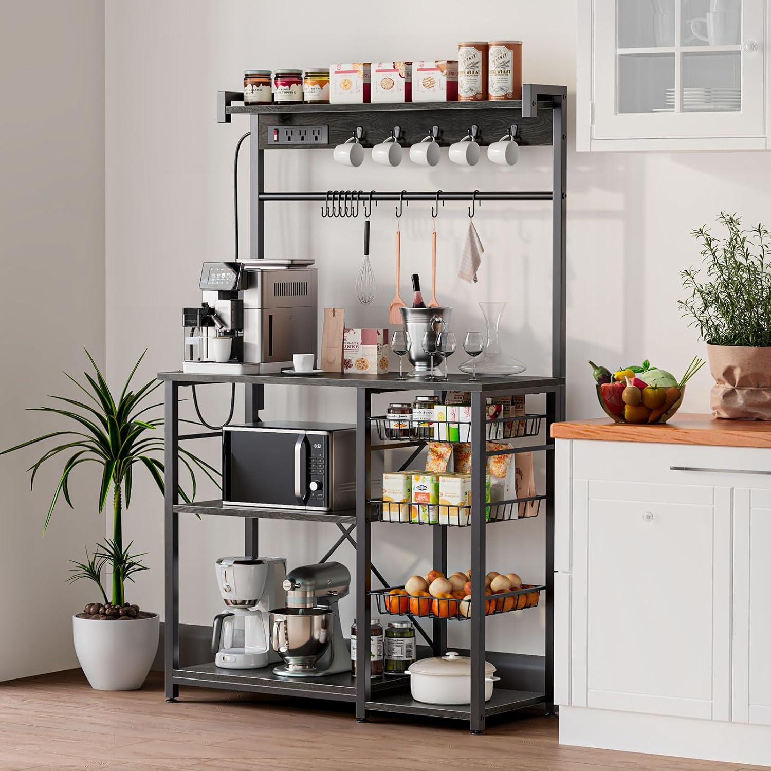 Large Bakers Rack with Power Outlets, 15 Hooks, 3 Wire Basket, Microwave Stand Kitchen Storage Shelf, 38.8 x 16.3 x 62.2 Inches, Rustic Brown F5378