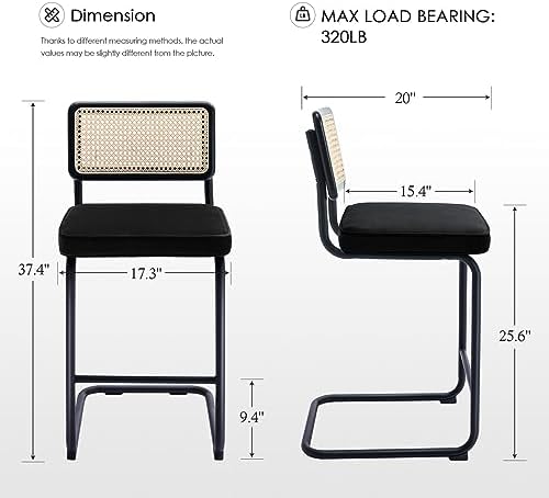 Black Velvet Counter Height Barstools Set of 2 with Natural Cane Mesh N768