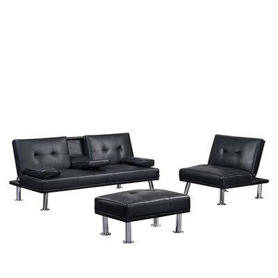 Faux Leather Convertible Folding Bed with 2 Cup Holders and Metal Legs J82249