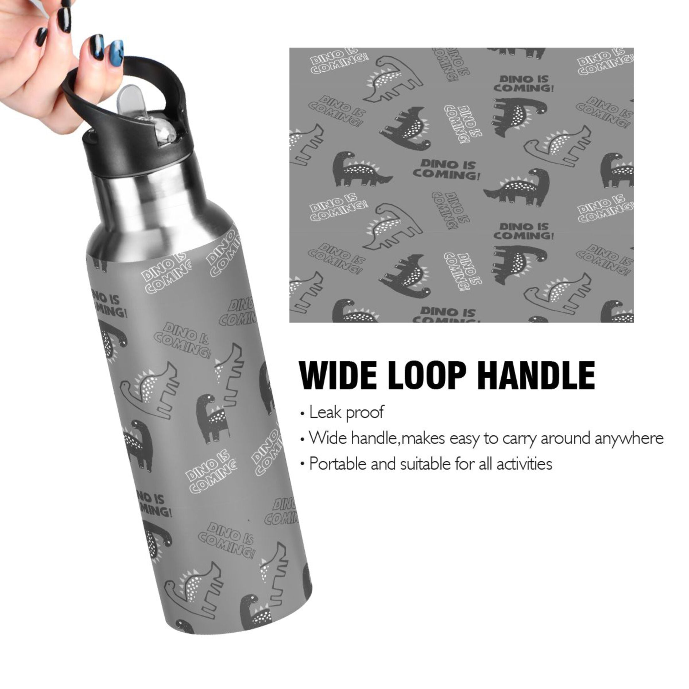 Gray Dinosaur Stainless Steel Insulated Water Bottle with Straw Lid V914