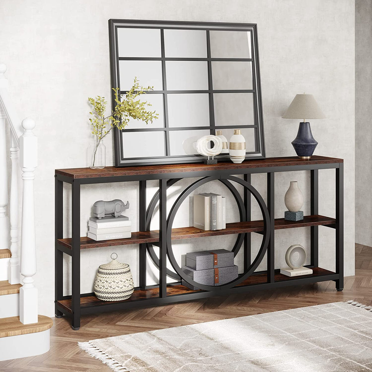 70.9 inch Narrow Console Table with 3 Tier Wood Storage Shelves Z411777