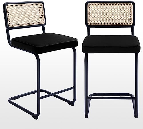 Black Velvet Counter Height Barstools Set of 2 with Natural Cane Mesh N768