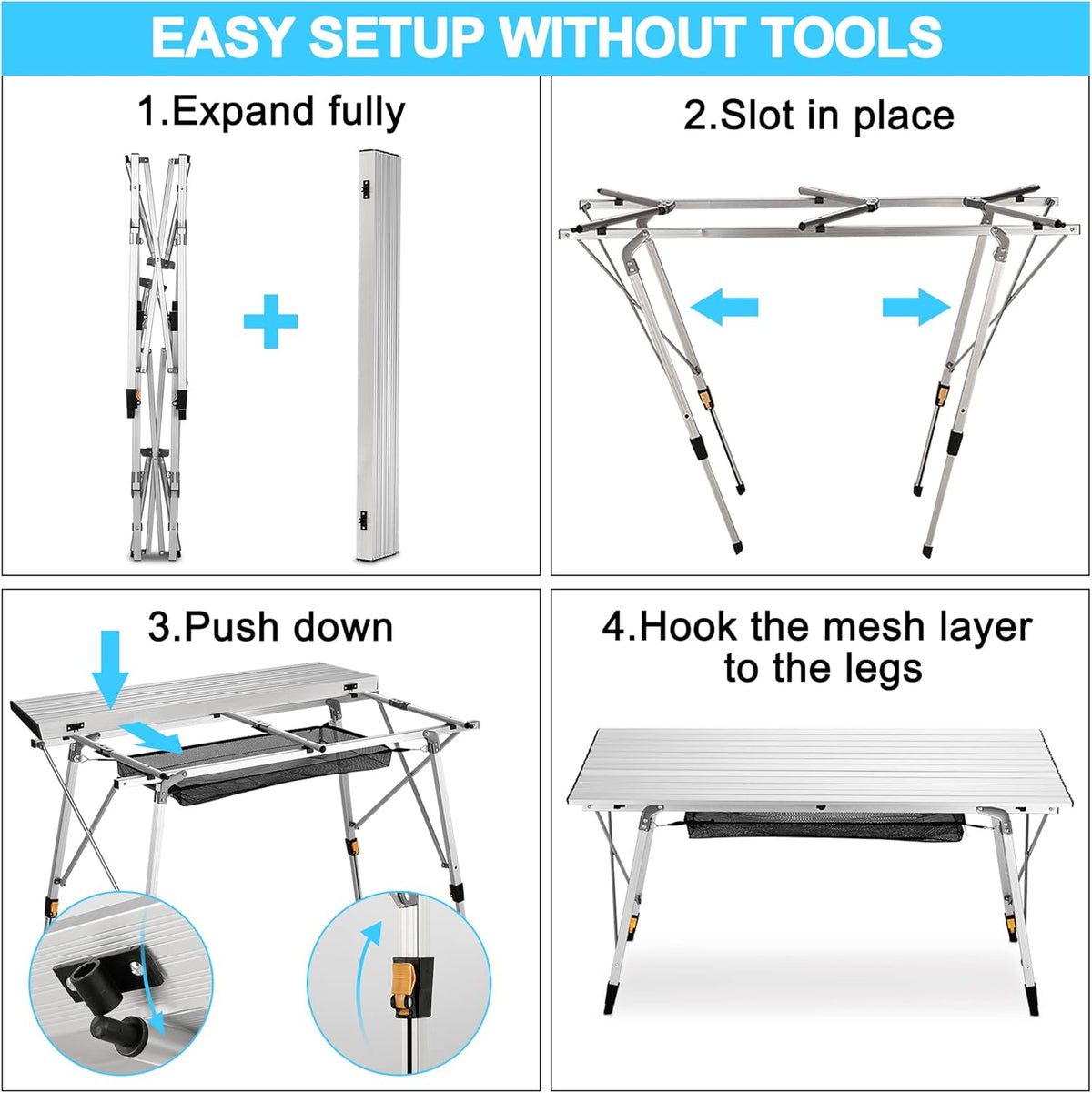 Folding Camping Table with Aluminum Legs Adjustable Height Roll Up Table with Mesh Layer U126