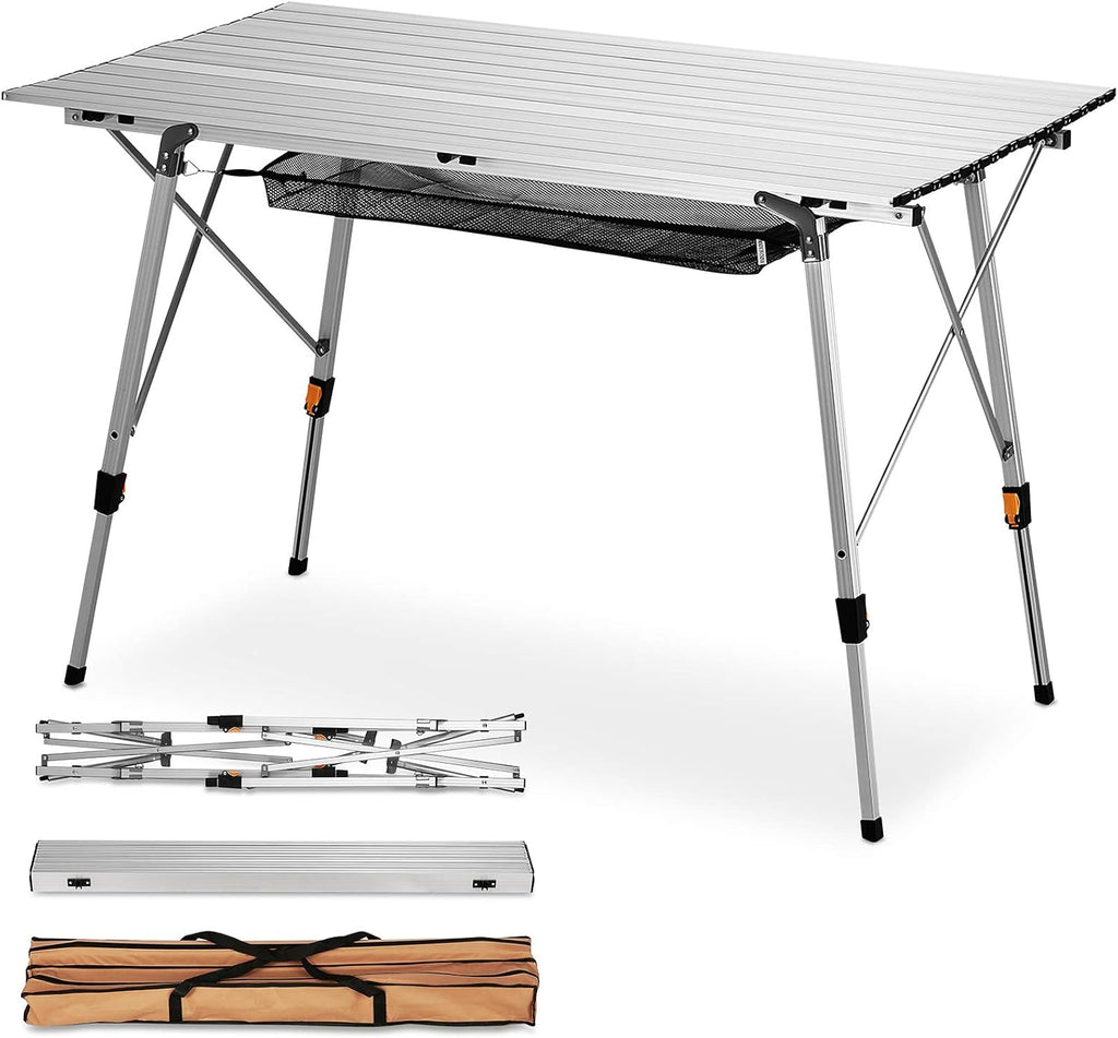 Folding Camping Table with Aluminum Legs Adjustable Height Roll Up Table with Mesh Layer U126