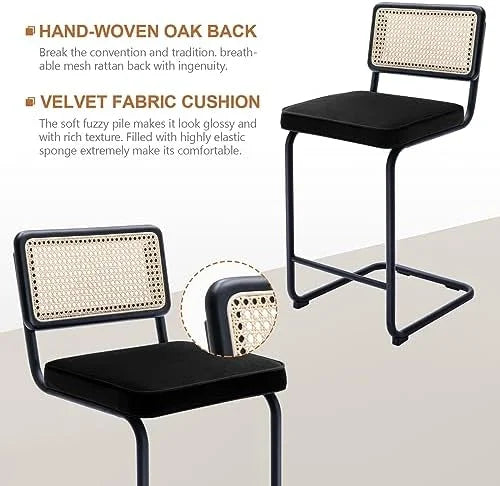 Black Velvet Counter Height Barstools Set of 2 with Natural Cane Mesh N768