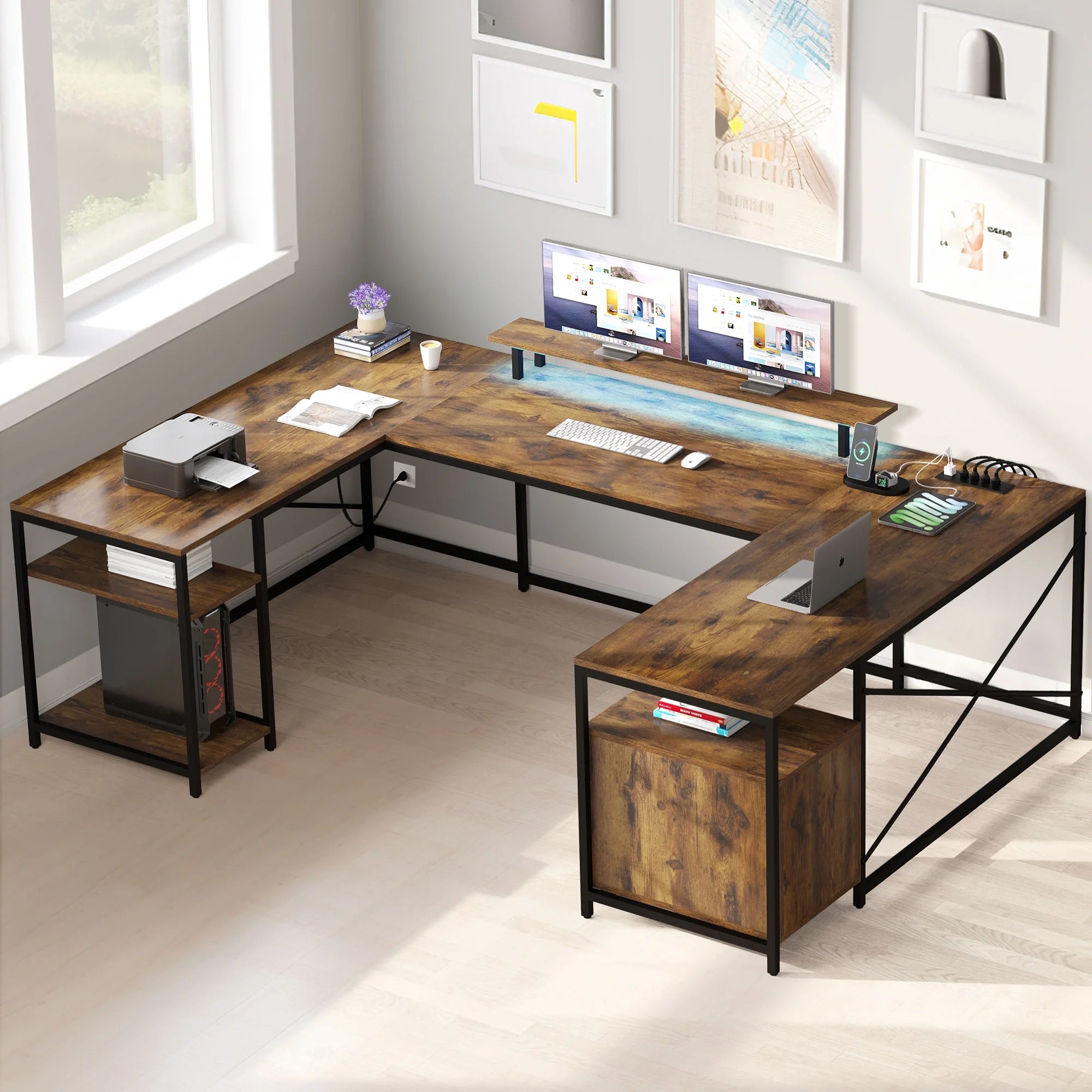 L Shaped Desk with Power Outlets and LED Lights G42064