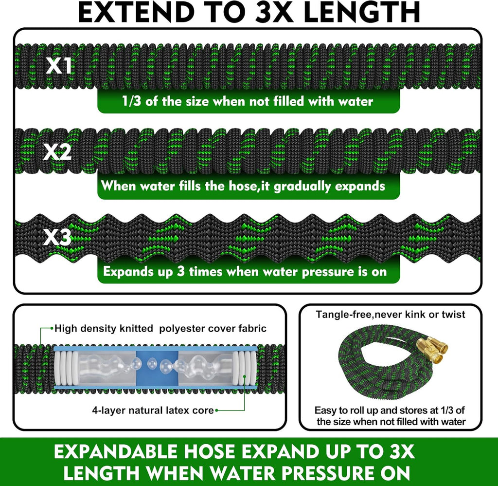 100ft Expandable Garden Hose with 10 Function Nozzle and Solid Brass Fittings B2850