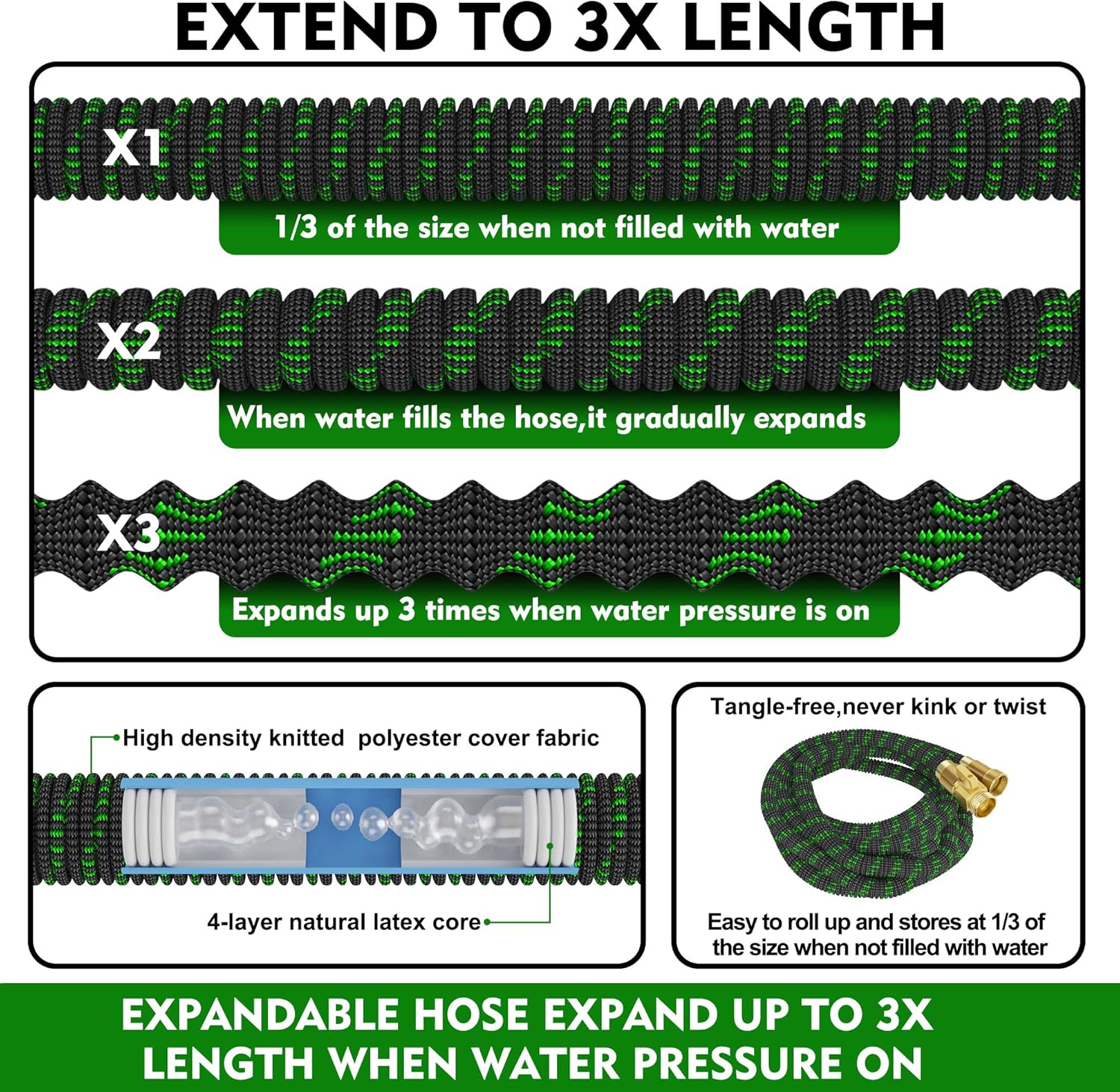 100ft Expandable Garden Hose with 10 Function Nozzle and Solid Brass Fittings B2850