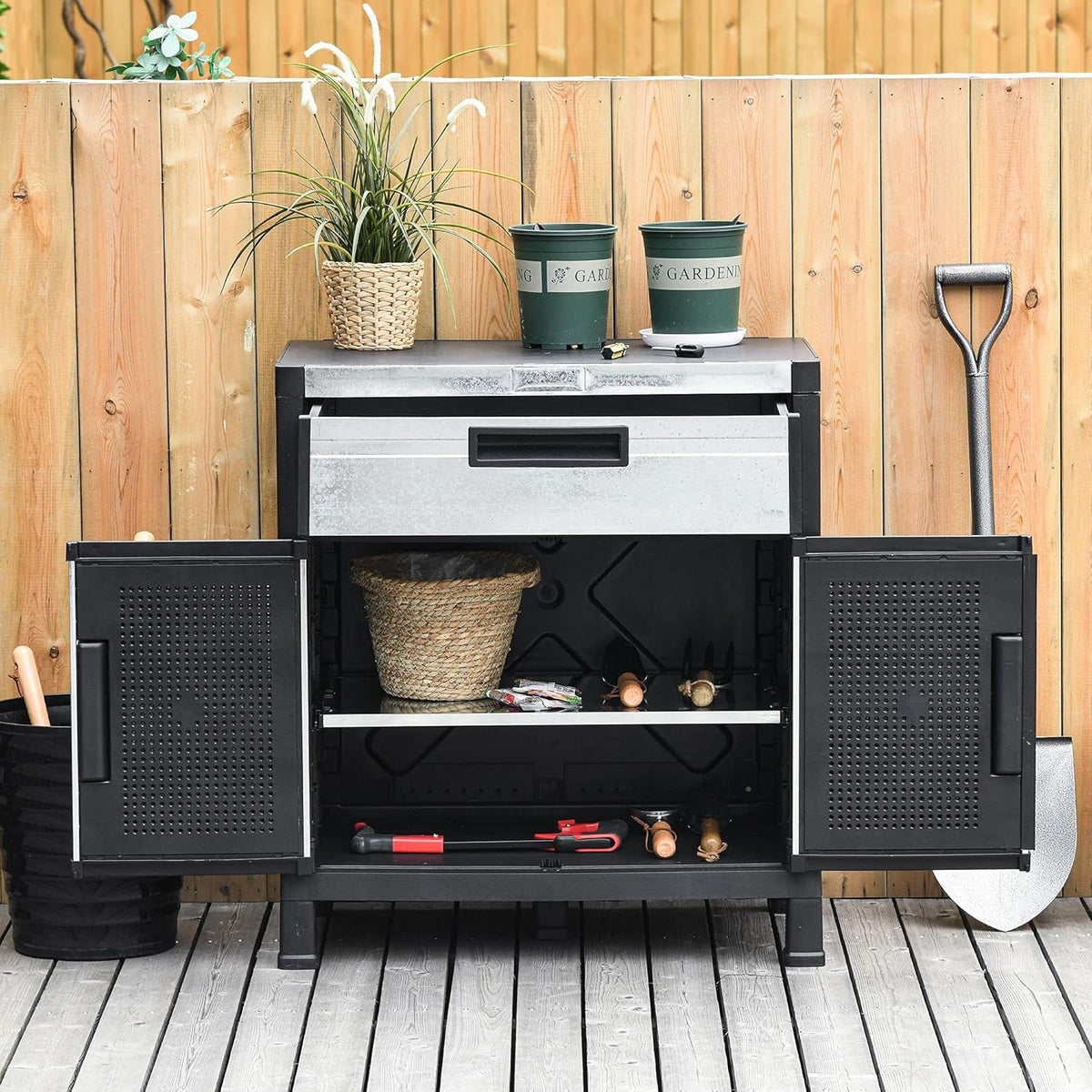 Outdoor Storage Sheds Cabinet with Adjustable Shelves, Waterproof PP & Galvanized Steel G26178
