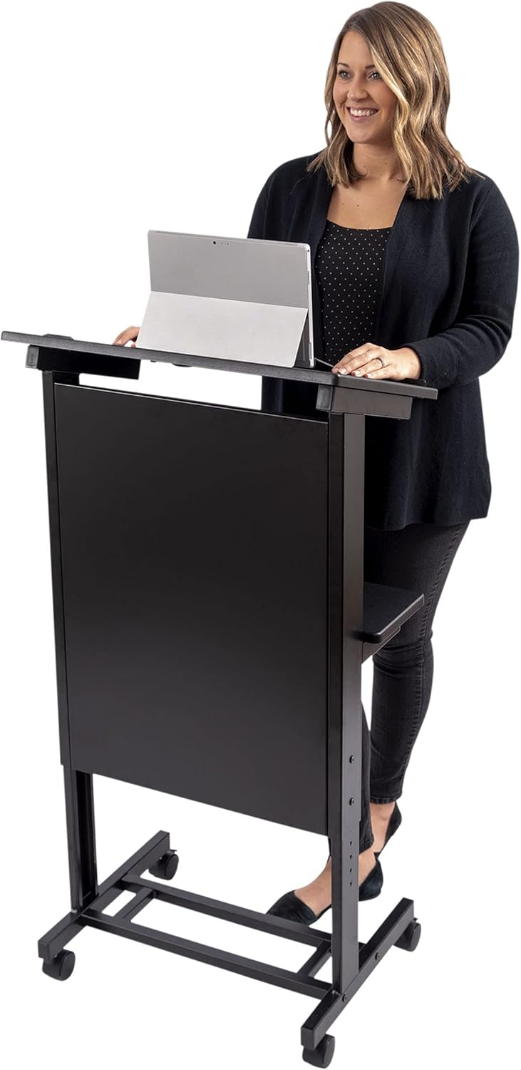 Mobile Adjustable Height Rolling Lectern Podium with Steel Frame E570431
