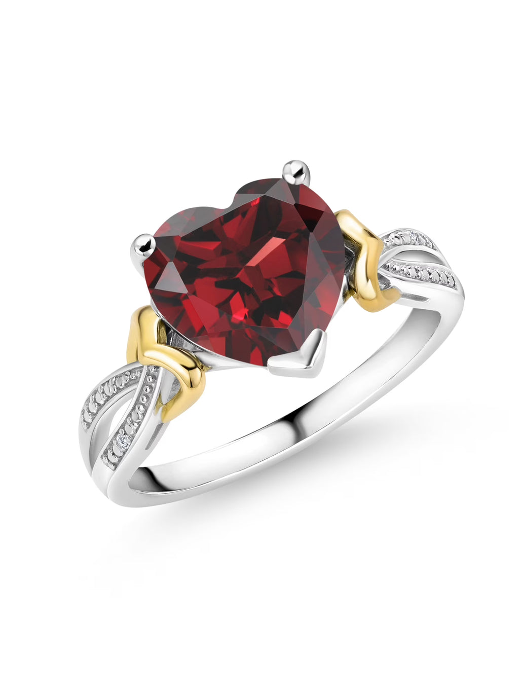 925 Sterling Silver 10K Yellow Gold Red Garnet Diamond Heart Shape Ring M8679