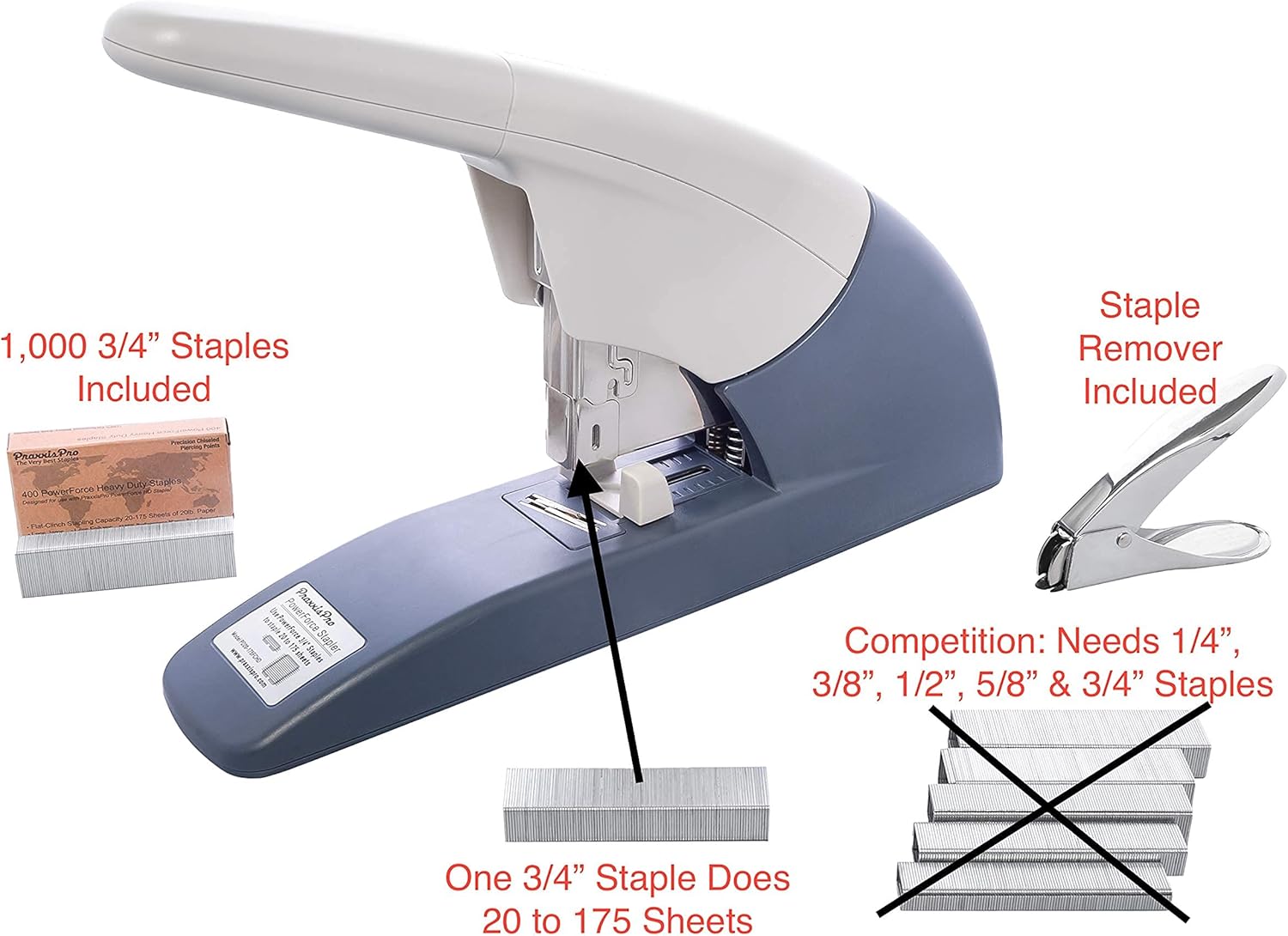 Heavy Duty Flat Clinch Stapler, 20 to 175 Sheets, 3/4" Leg-Length Staple, Includes 400 Staples and Staple Remover, Pack of 2 F194