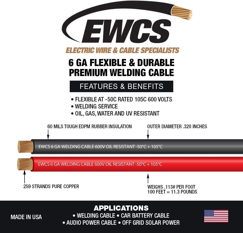 6 Gauge Extra Flexible Welding Cable 600 Volt Combo Pack Black Red 25 Feet E582