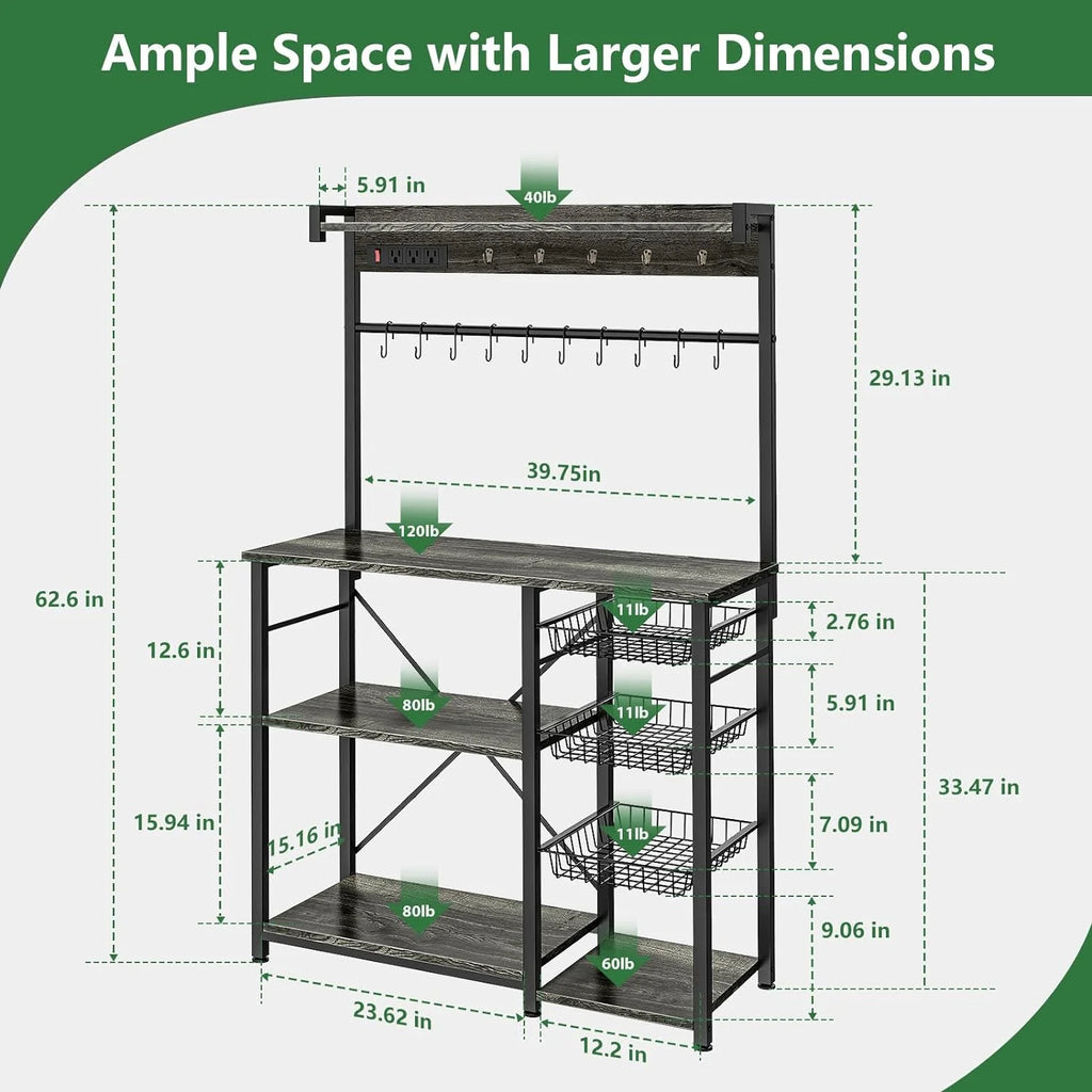 Large Bakers Rack with Power Outlets, 15 Hooks, 3 Wire Basket, Microwave Stand Kitchen Storage Shelf, 38.8 x 16.3 x 62.2 Inches, Rustic Brown F5378