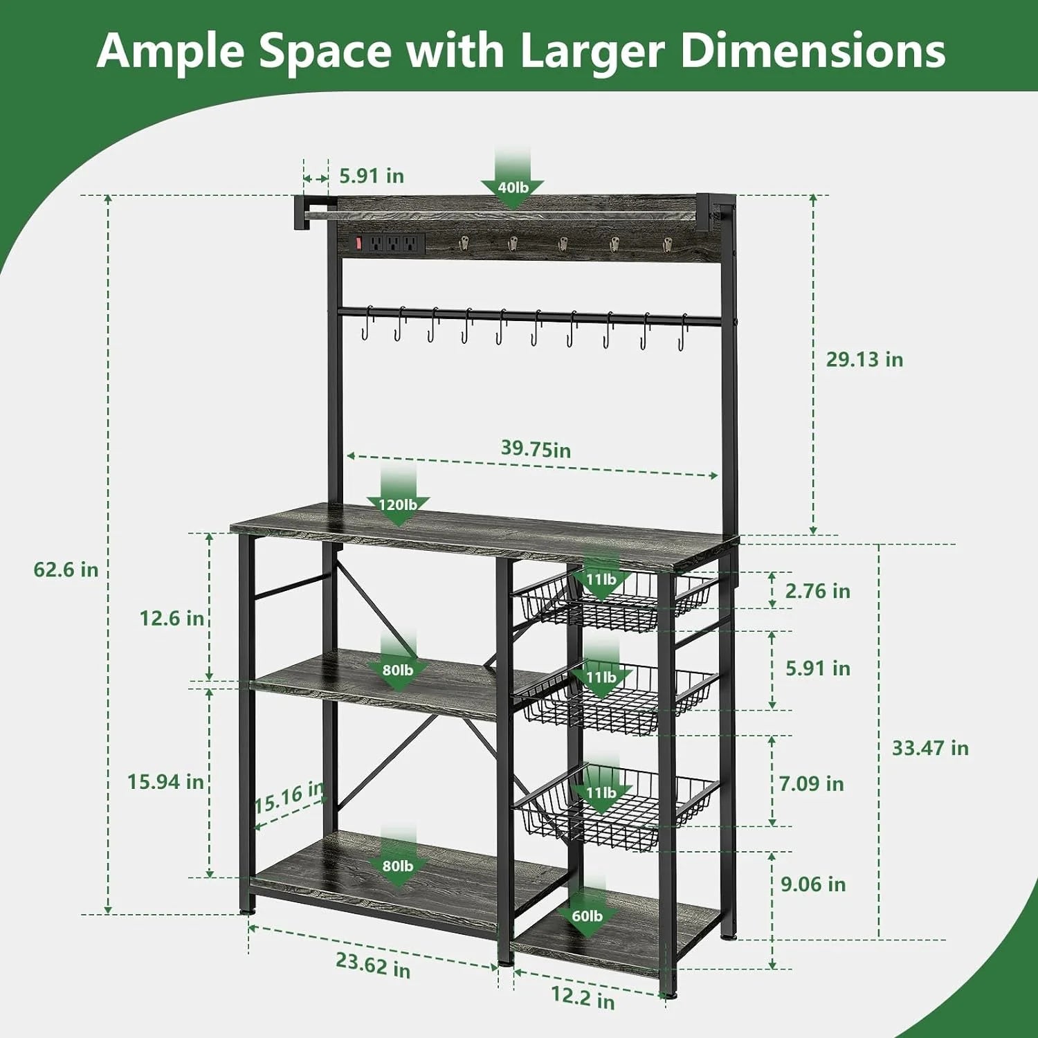 Large Bakers Rack with Power Outlets, 15 Hooks, 3 Wire Basket, Microwave Stand Kitchen Storage Shelf, 38.8 x 16.3 x 62.2 Inches, Rustic Brown F5378