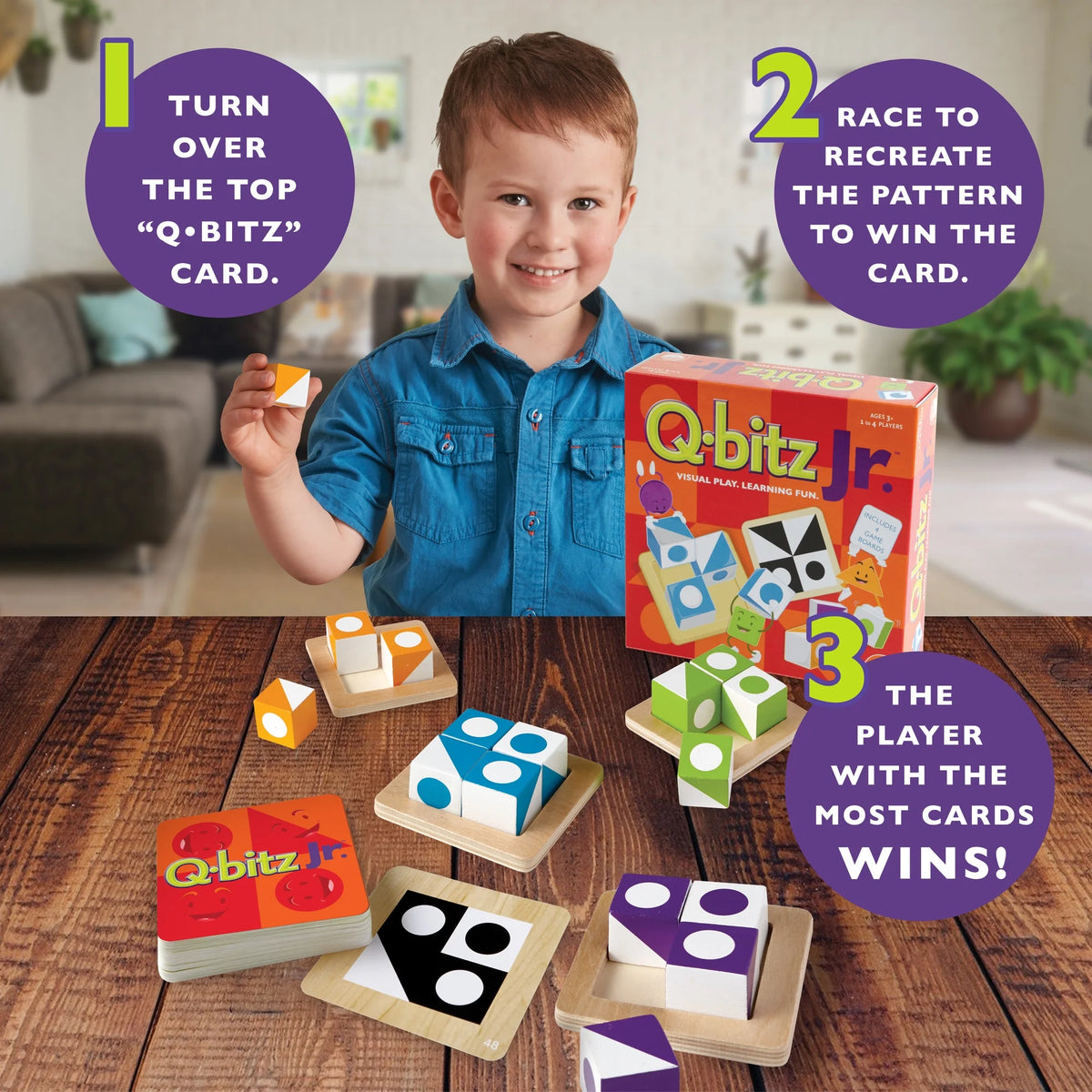 Q-bitz Jr. Game - 60 Pattern Cards, 4 Wooden Cube & Tray Sets R1946