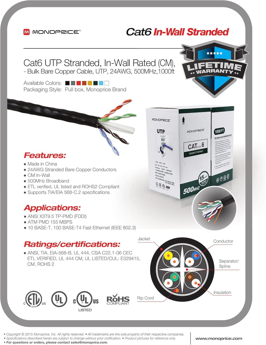 Cat6 Ethernet Bulk Cable - 250 Feet - Blue - Stranded, 550Mhz, UTP, CM, Pure Bare Copper Wire, 24AWG Q877