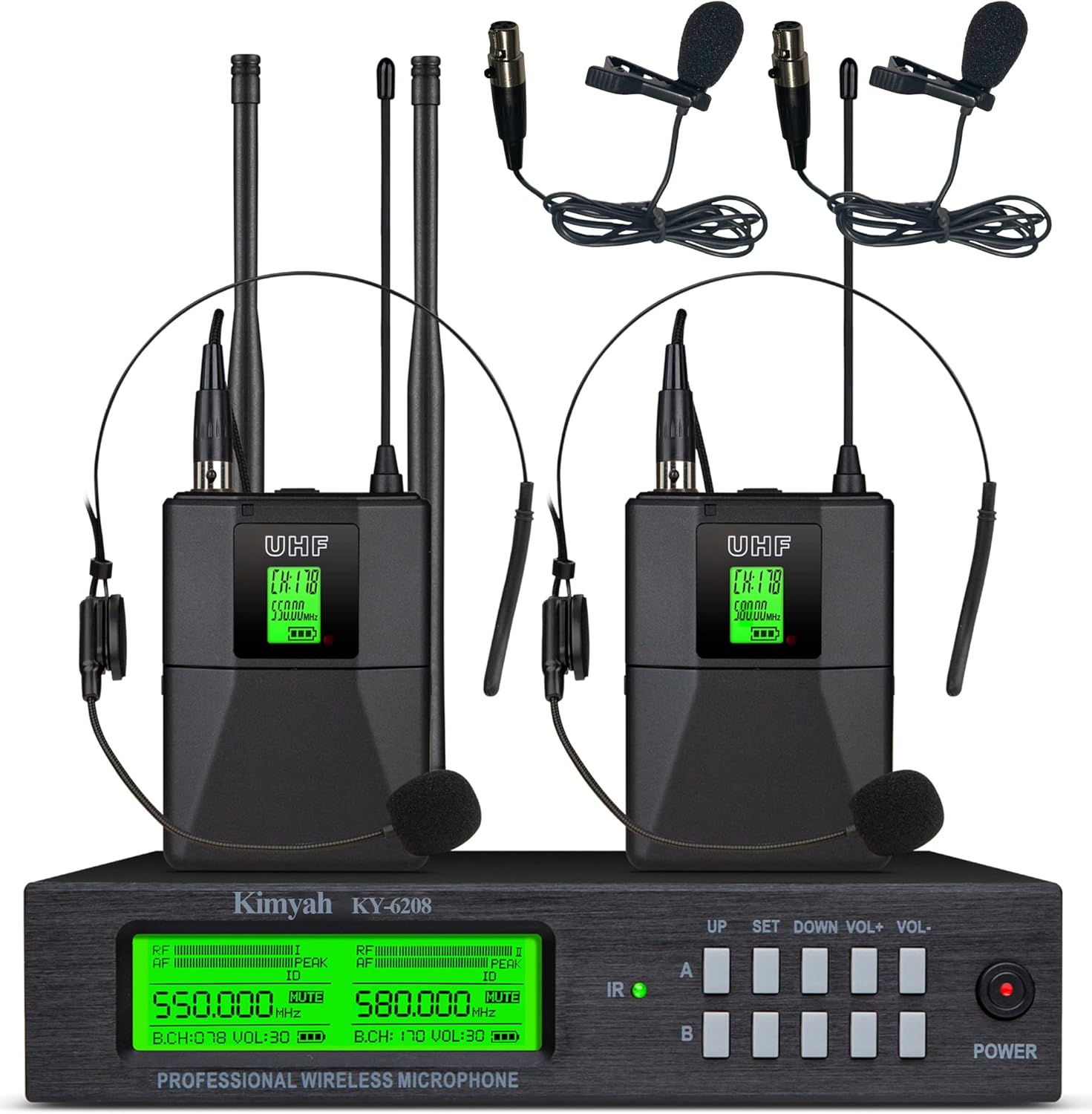 Wireless Lavalier and Headset Microphone System, Dual UHF Cordless Bodypack Mics, 328ft Range B441