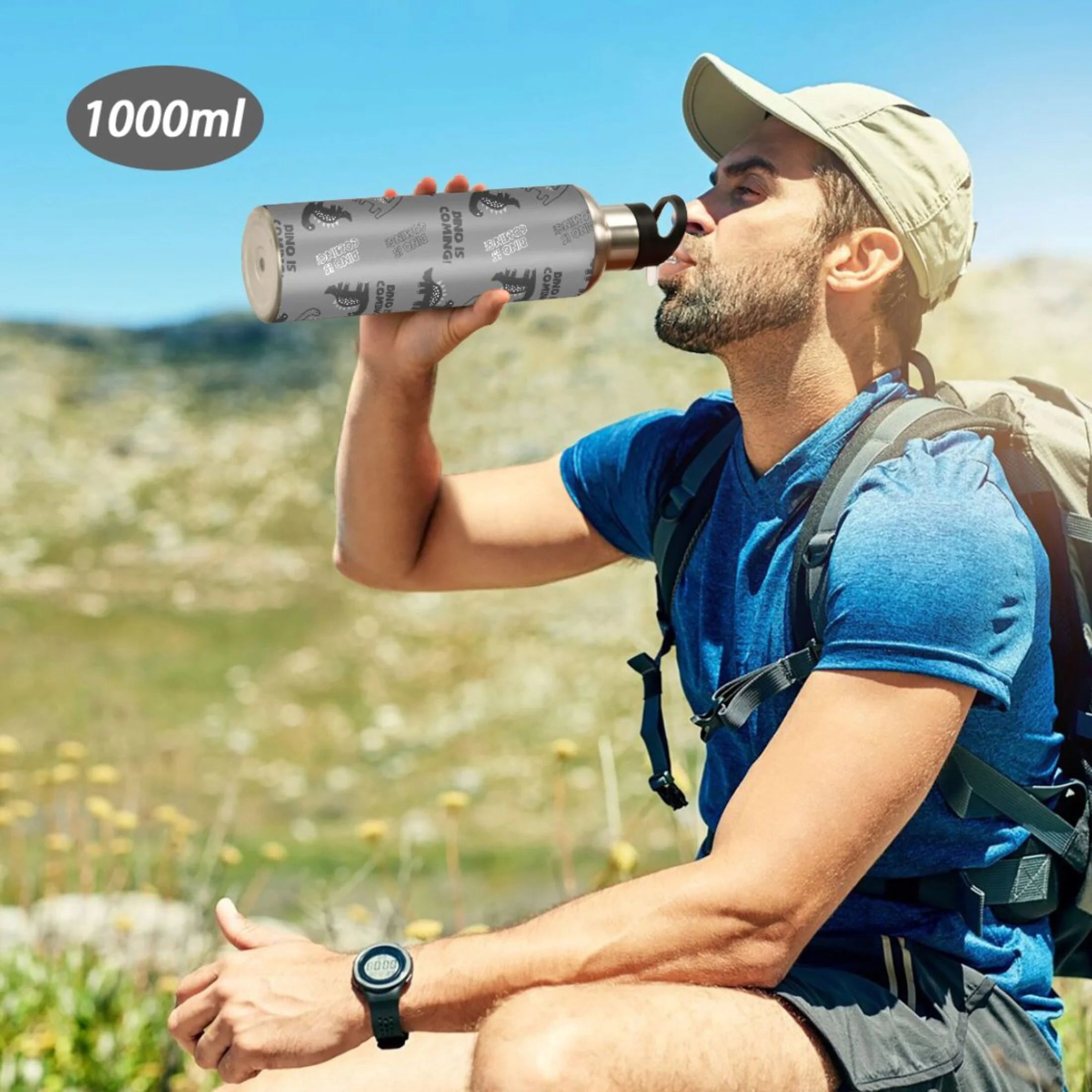 Gray Dinosaur Stainless Steel Insulated Water Bottle with Straw Lid V914