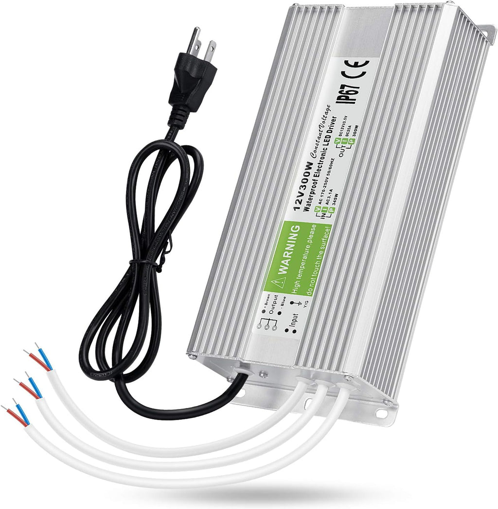 5 Pack Waterproof IP67 LED Power Supply Driver Transformer 300W 110V AC to 12V DC Low Voltage Output with 3-Prong Plug 3.3 Feet Cable Y147922