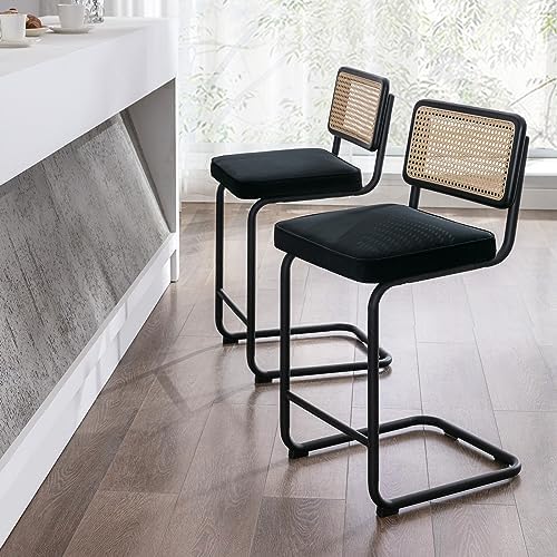 Black Velvet Counter Height Barstools Set of 2 with Natural Cane Mesh N768