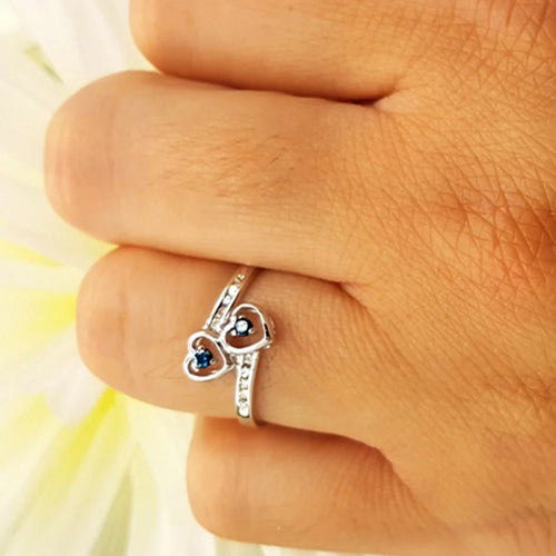 0.15 Carat Sterling Silver Round Blue & White Diamond Double Heart Ring F91490