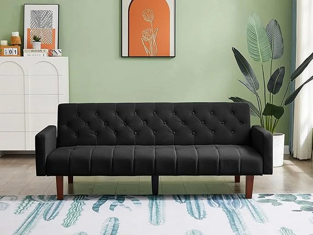 Convertible Foldable Linen Sofa Bed with 5 Wooden Legs, Black P696